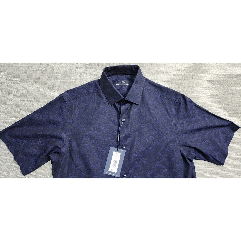 Hart Schaffner Marx Mens Short Sleeve Button Down Shirt Blue Jacquard Small